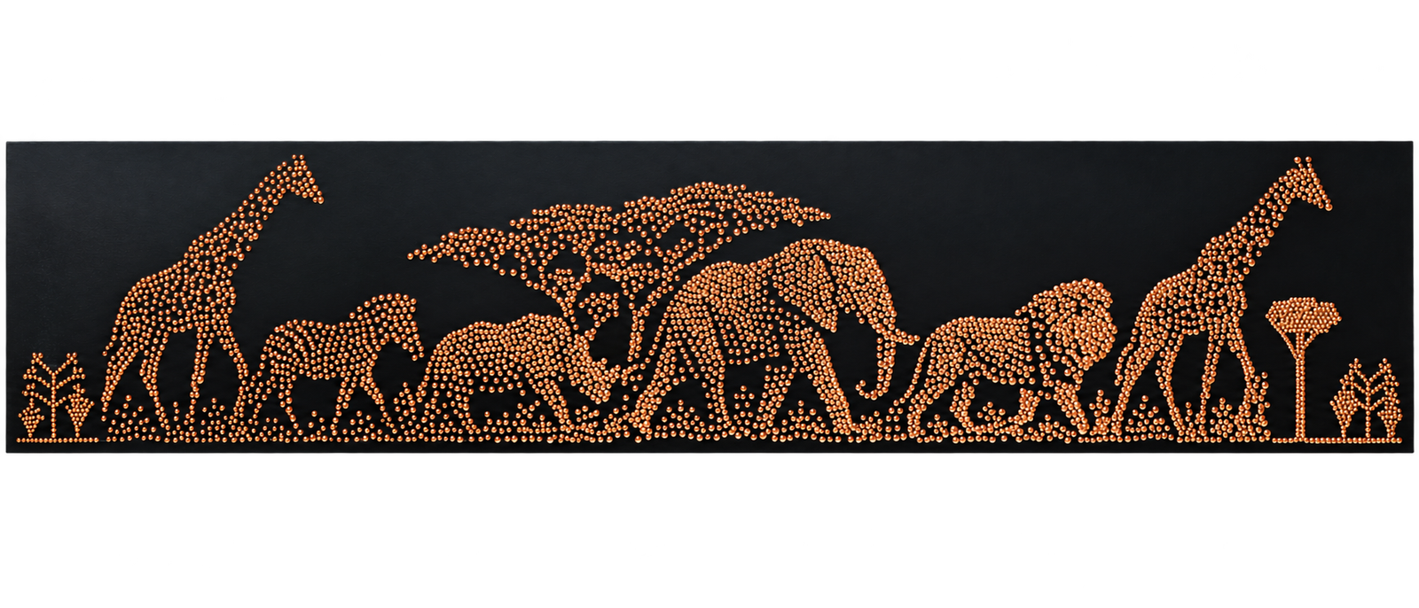 Panel panorámico con jirafas, cebra, rinoceronte, elefante y león en una composición de puntos metalizados.