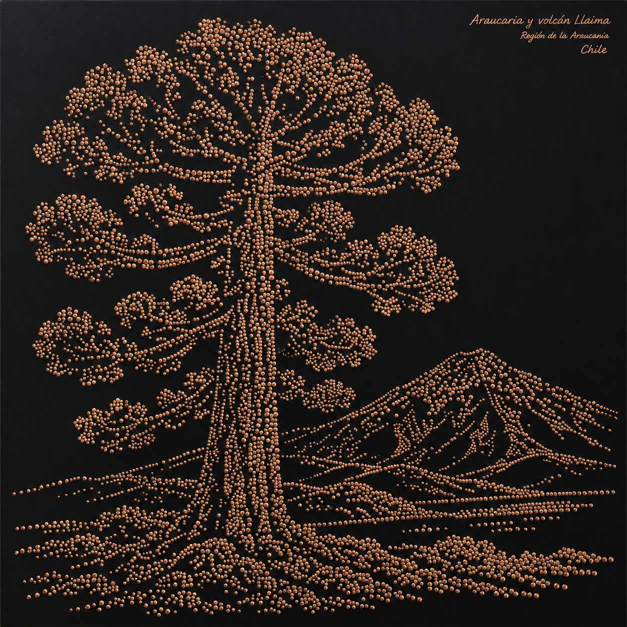 Araucaria junto al volcán Llaima, dibujados mediante puntos metalizados sobre fondo negro.